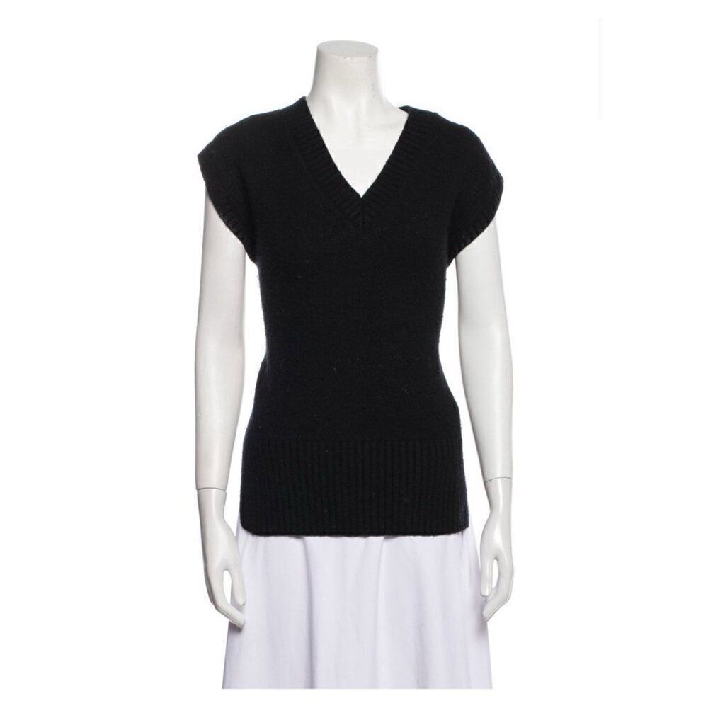 L’academie Authentic Solid Black V Neck Cap Sleeve Sweater Top Small